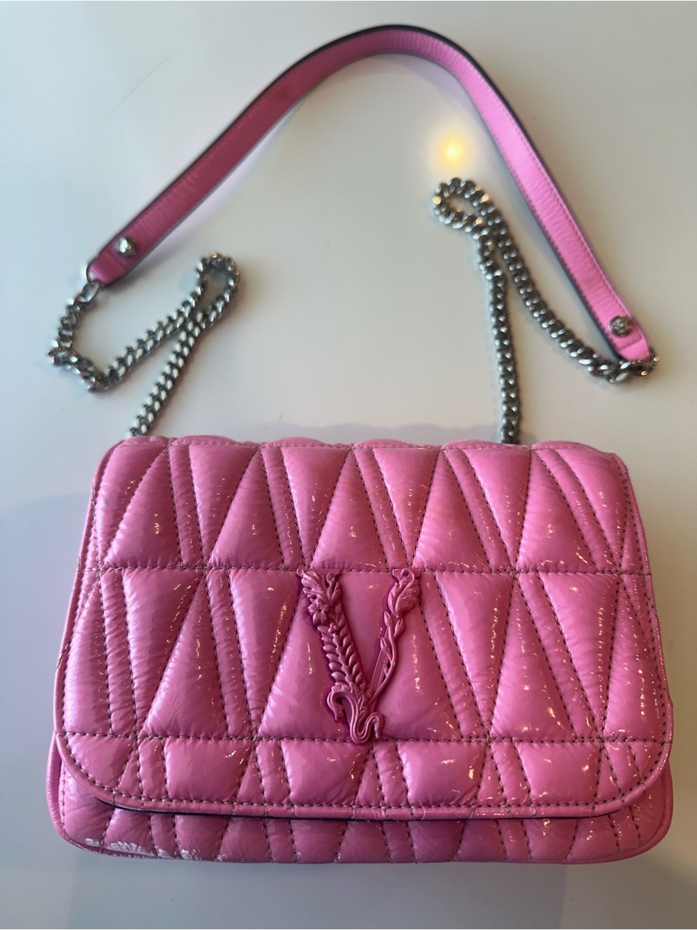 Versace Virtus Quilted Patent Leather crossbody bag
